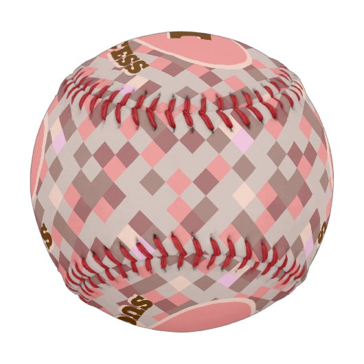 Iハート成功コーラルピンクブラウン市松模様にパターン 野球ボール (正面)
