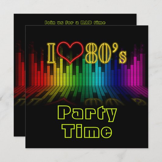 Iハート80sサウンドウェーブグラフィック誕生日 招待状 (正面/裏面)