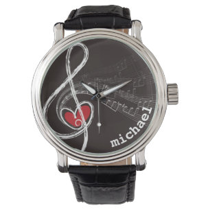Iパーソナライズなハート音楽ト音記号の黒 腕時計