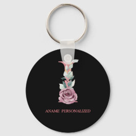 Iフローラモノグラム名文字ピンクアゲートキーチェーン キーホルダー