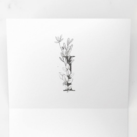 'I'モノグラム美しいスケッチフローラ結婚ズ 三つ折り招待状 (内部最初)