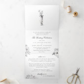 'I'モノグラム美しいスケッチフローラ結婚ズ 三つ折り招待状 (内部)