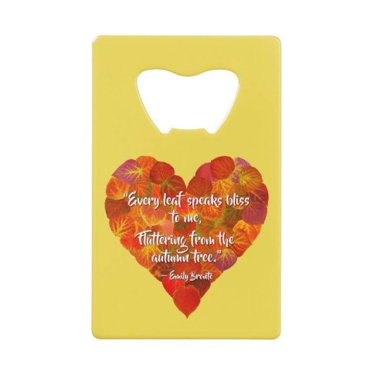 I愛の秋 – 赤い《植物》アスペンリーフハート1、ブロンテク引用文 クレジットカード栓抜き (正面)