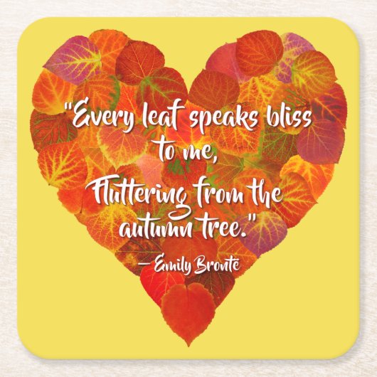 I愛の秋 – 赤い《植物》アスペンリーフハート1、ブロンテク引用文 スクエアペーパーコースター (正面)