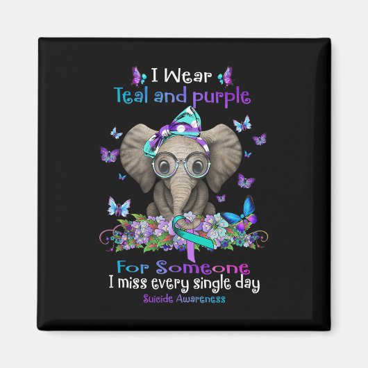 I衣服ティール（緑がかった色）とパープルスーサイド認識度ゾウ マグネット (正面)