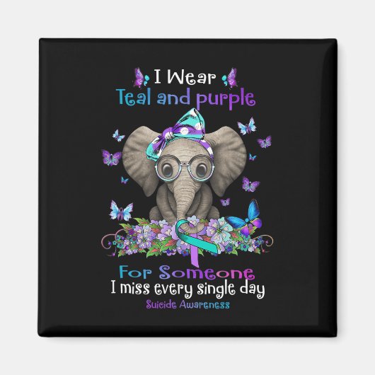 I衣服ティール(緑がかった色)とパープルスーサイド認識度ゾウ マグネット (正面)