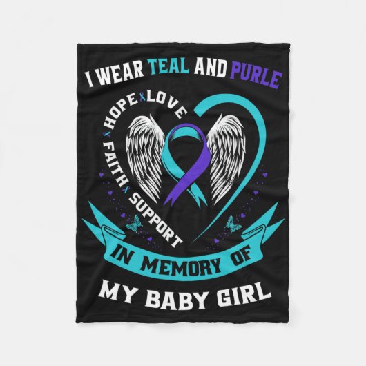 I衣服ティール（緑がかった色）とパープルベビースーサイド認識度リブ フリースブランケット (正面)