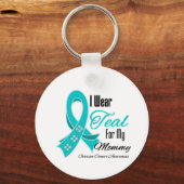 I衣服ティール（緑がかった色）リボン卵巣がんママ キーホルダー (正面)