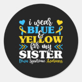 I衣服ブルーイエロー私の妹ダウン症候群Bro ラウンドシール (正面)