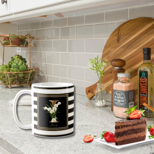 i金ゴールドフローラモノグラム |白黒金ゴールドストライプ コーヒーマグカップ