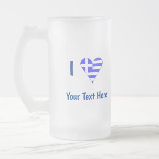 I (ギリシャ国旗のハート)あなたのテキスト フロストグラスビールジョッキ (左)