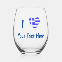 I (ギリシャ国旗のファンキーハート)あなたのテキスト ステムなしワイングラス