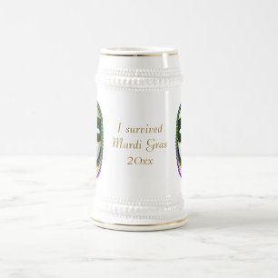 「I 生き延び Mardi Gras」マスク(金ゴールド、緑のビーズ) ビールジョッキ