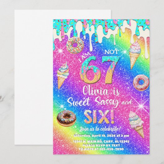 I am 6 not 7 girl 6th birthday invitation. 招待状 (正面/裏面)