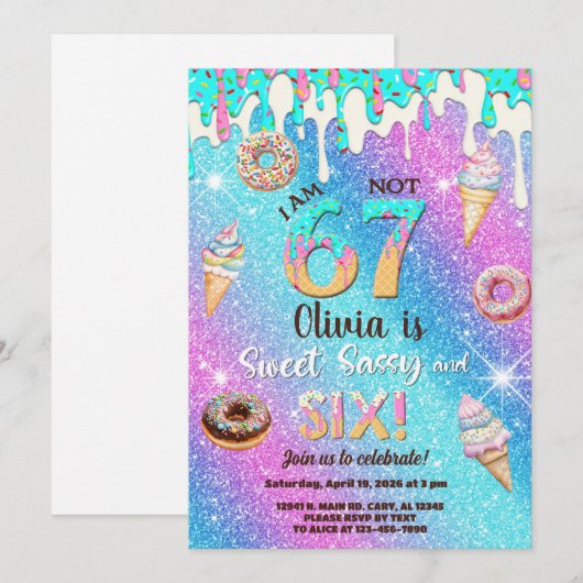 I am 6 not 7 girl 6th birthday invitation. 招待状 (正面/裏面)