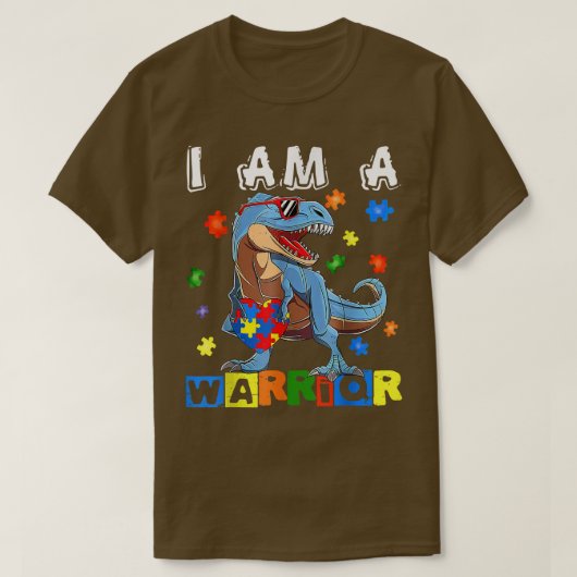 I Am A Warrior Autism Awareness Dinosaur Heart Puz Tシャツ (デザイン正面)