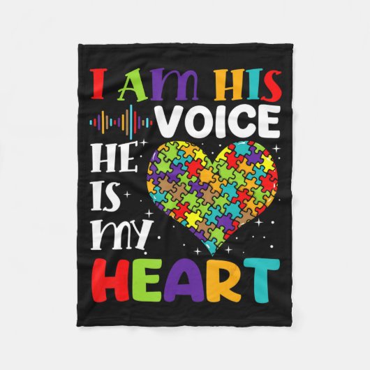 I Am His Voice He Is My Heart Autism Awareness Mom フリースブランケット (正面)