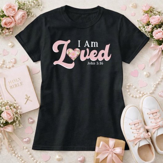 I Am Loved John 3:16 Floral Heart Valentine Bible Tシャツ