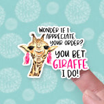 I Appreciate Your Order Cute Giraffe Pun Business シール<br><div class="desc">Thank your customers with a funny pun on their packages that reads, "Wonder if I appreciate your order? You bet GIRAFFE I do!" These cute stickers with a sassy giraffe wearing dangling earrings are sure to bring a smile to your customer's face and to get your small business noticed (and...</div>