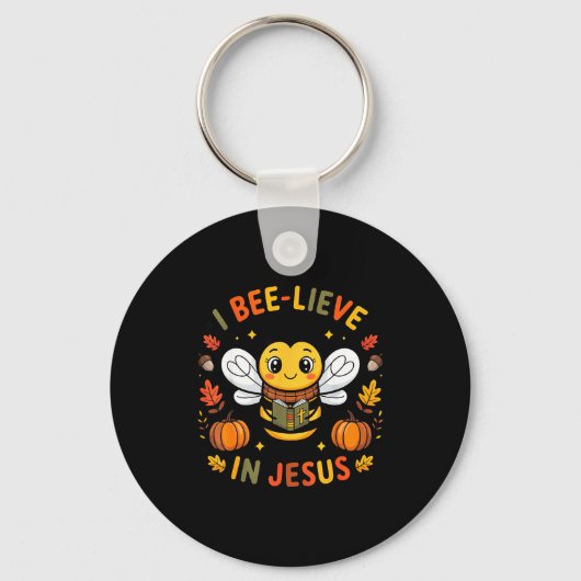 I Bee-lieve In Jesus Fall Christian Thanksgiving S キーホルダー (正面)