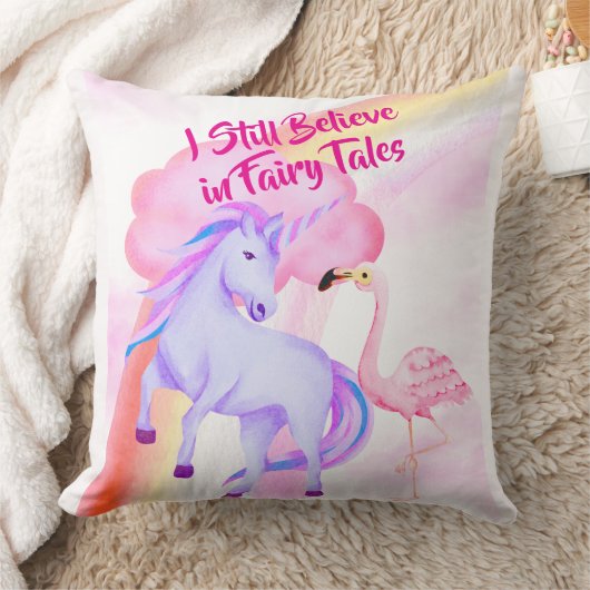 I Believe in Fairytales Unicorn Rainbow Flamingo クッション (ブランケット)