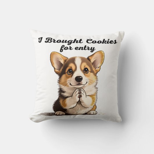 "I Brought Cookies" Pleading Corgi Pen & Ink Art クッション (正面)