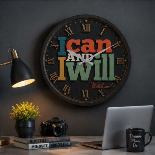 I Can and I Will Motivational Inspirational Quote ラージ壁時計