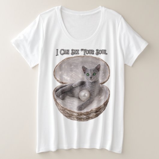 I Can See Your Soul Funny Russian Blue Cat Design プラスサイズTシャツ (デザイン正面)