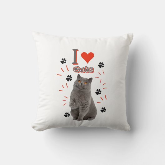 I ❤️ Cats – Cute Cat & Paw Print Design クッション (正面)