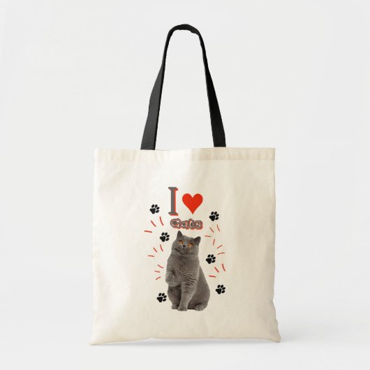 I ❤️ Cats – Cute Cat & Paw Print Design トートバッグ (正面)