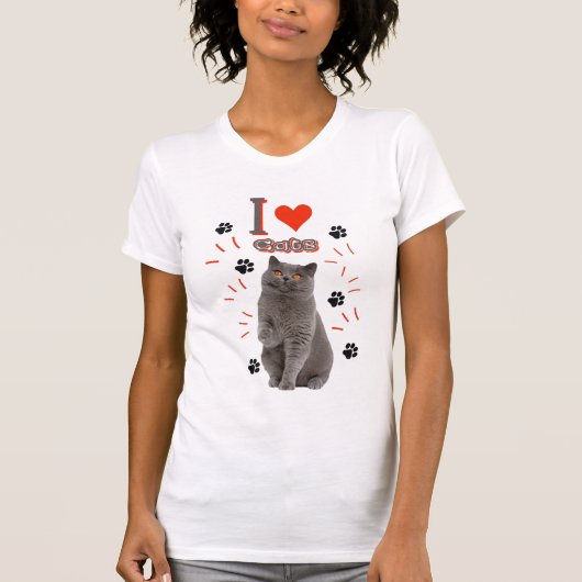 I ❤️ Cats – Cute Cat & Paw Print Design Tシャツ (正面)