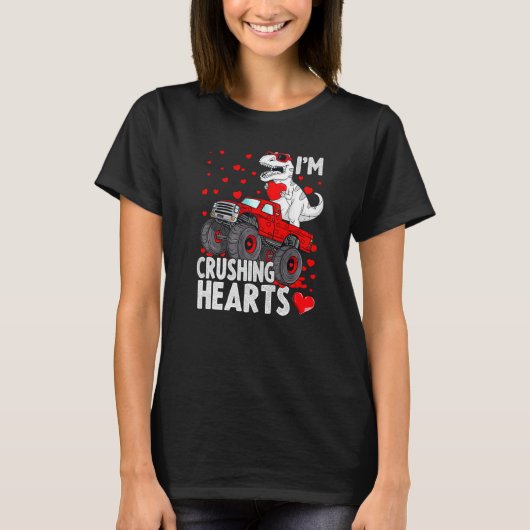 I Crush Hearts Trex Dino Monster Truck Boys Valent Tシャツ (正面)