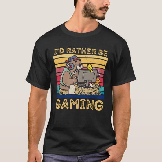 I D RATHER BE GAMING Bear Playing Video Games Tシャツ (正面)