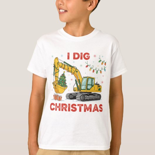 I Dig Christmas Cute Excavator Tree Lights Kids Tシャツ (正面)