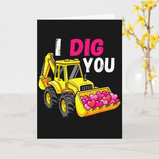 I Dig You Excavator Construction Valentine Heart D カード (黄色い花)