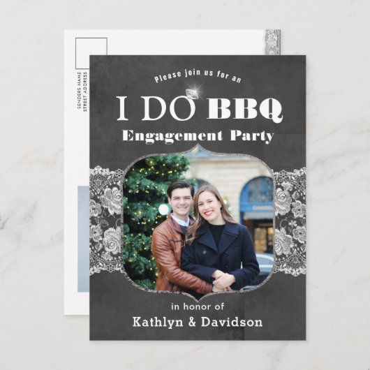 I DO婚約エレガントPhoto Lace Chalkboard BBQ インビテーションポストカード (正面/裏面)