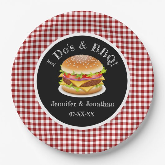 I Do and BBQ Red Gingham Hamburger カジュアル's 結婚 ペーパープレート (正面)
