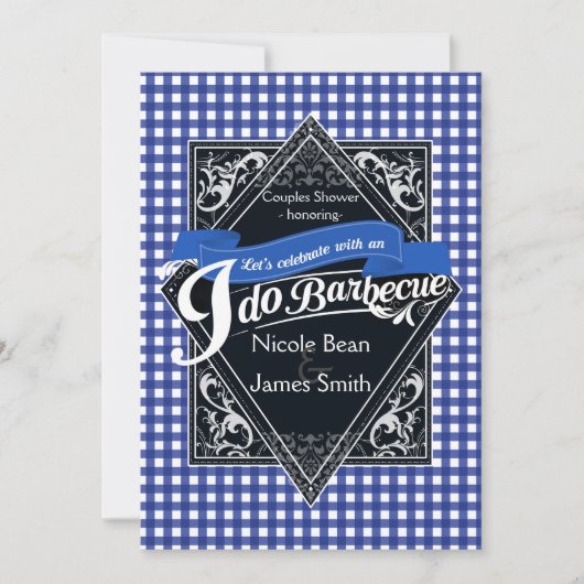 I DO BARBECUE BBQブルーホワイト市松模様に婚約 招待状 (正面)