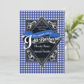 I DO BARBECUE BBQブルーホワイト市松模様に婚約 招待状 (スタンド正面)