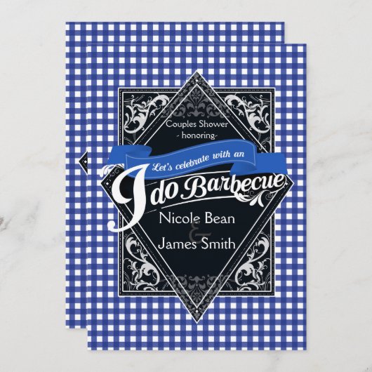 I DO BARBECUE BBQブルーホワイト市松模様に婚約 招待状 (正面/裏面)