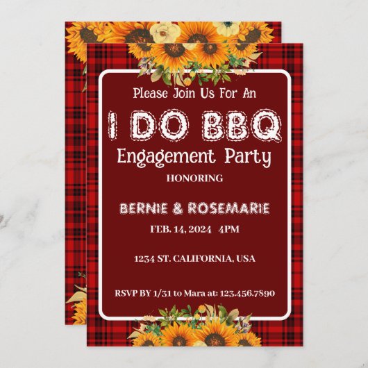 I DO BBQひまわり市松模様にの婚約パーティ 招待状 (正面/裏面)