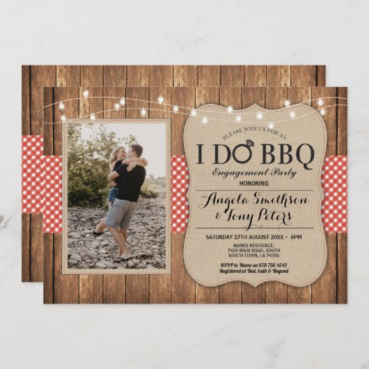 I Do BBQエンゲージメントパーティー フォト 赤 チェック 招待状 (正面/裏面)