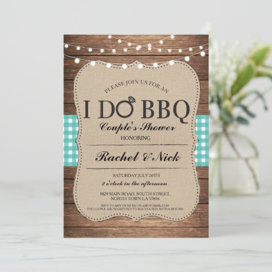 I DO BBQカップルシャワーライトギンガムティール（緑がかった色）招待状 招待状 (スタンド正面)