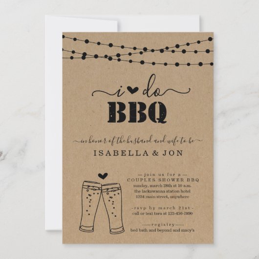 I Do BBQビールカップルウェディングシャワー婚約 招待状 (正面)