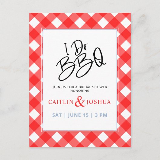 I Do BBQブライダルシャワーレッドプレイドパーティの招待状 ポストカード (正面)