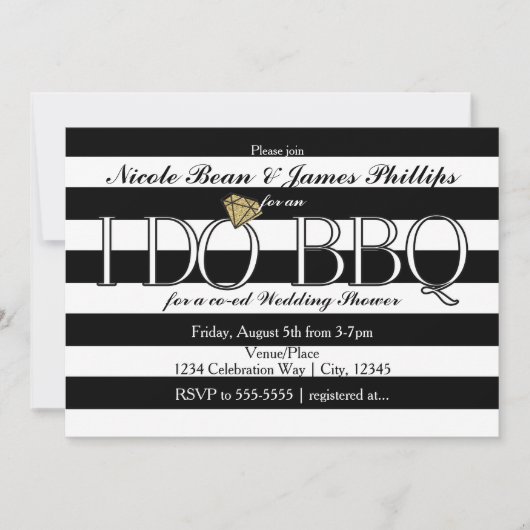 I DO BBQブラック&ホワイトストライプウェディングシャワー 招待状 (正面)
