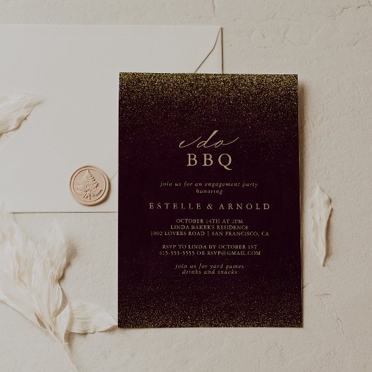 I Do BBQブルゴーニュ金ゴールドグリッター婚約パーティ 招待状
