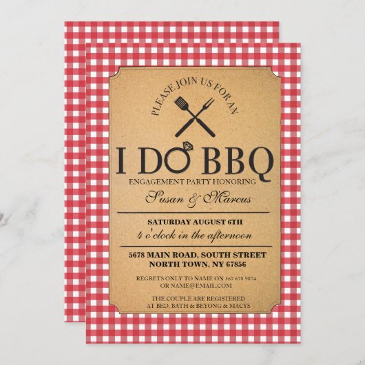 I DO BBQレッドヴィンテージパーティー婚約招待状 招待状 (正面/裏面)