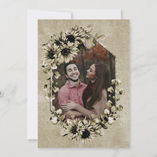 I Do BBQヴィンテージひまわりフォト婚約パーティ 招待状 (裏面)