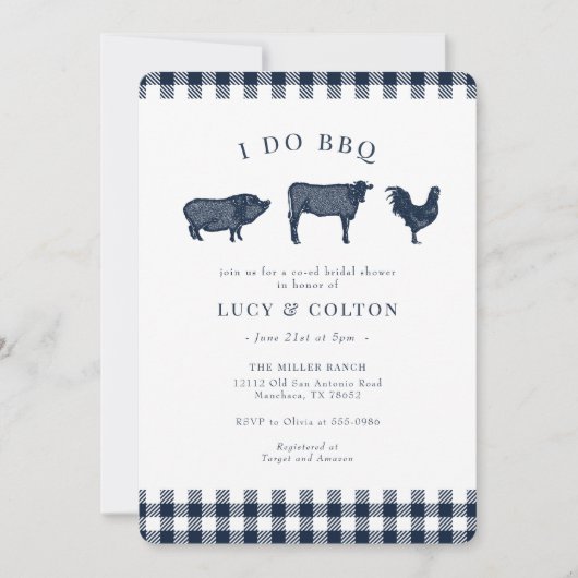 I Do BBQヴィンテージネイビーギンガムブライダルシャワー 招待状 (正面)